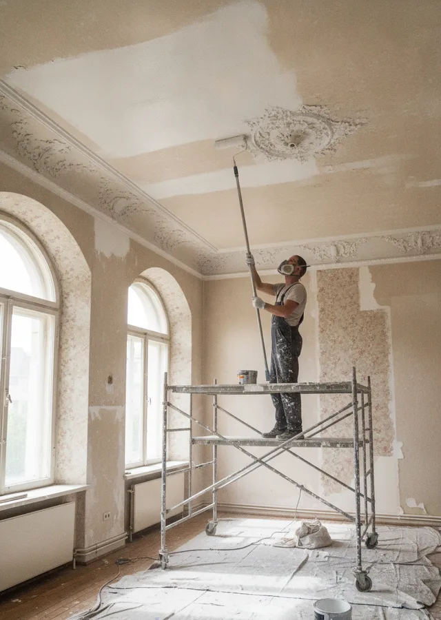 Peintre en bâtiment sur échafaudage dans l’Hérault